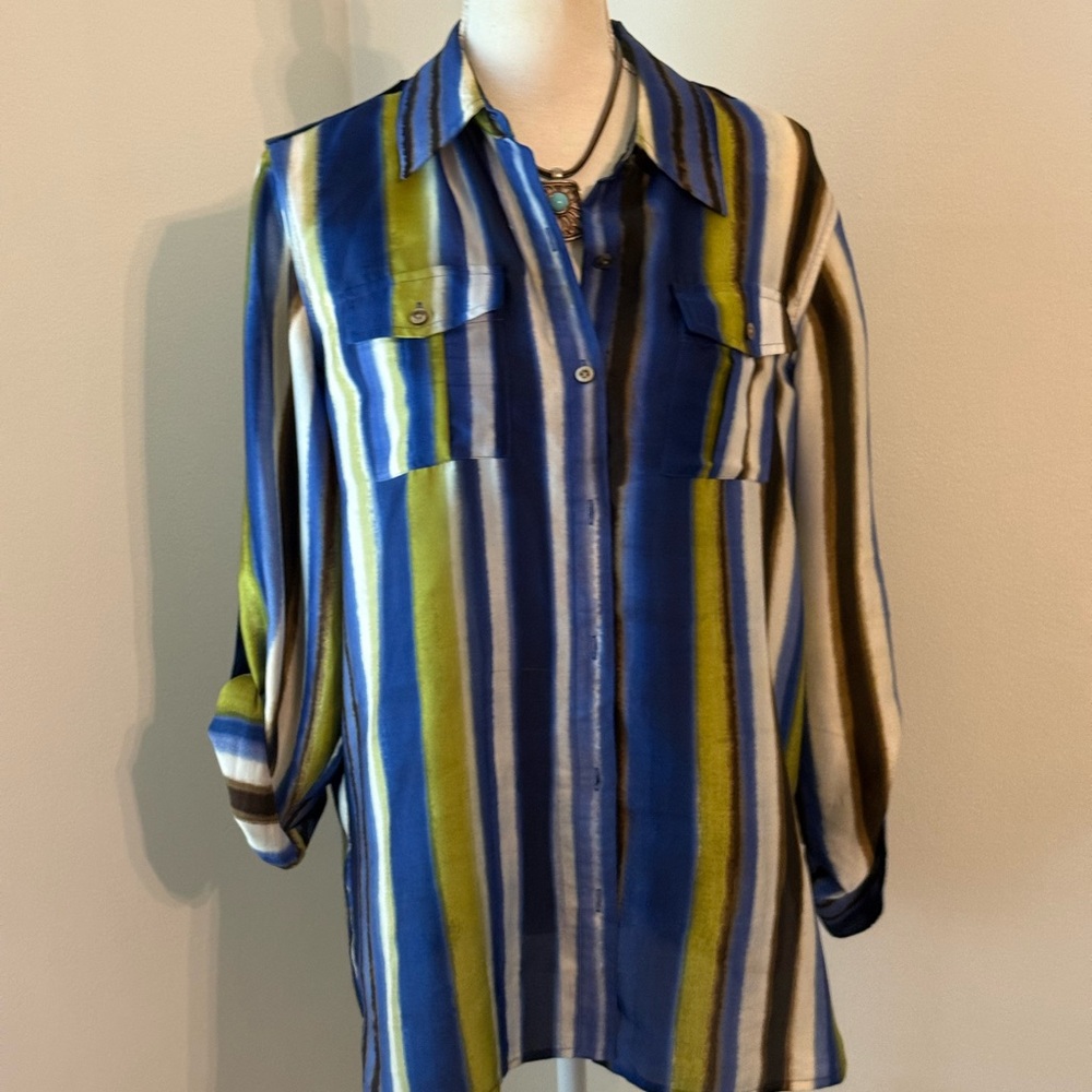 Jones New York Signature Striped V-Neck Blouse in Blue, Olive & Brown